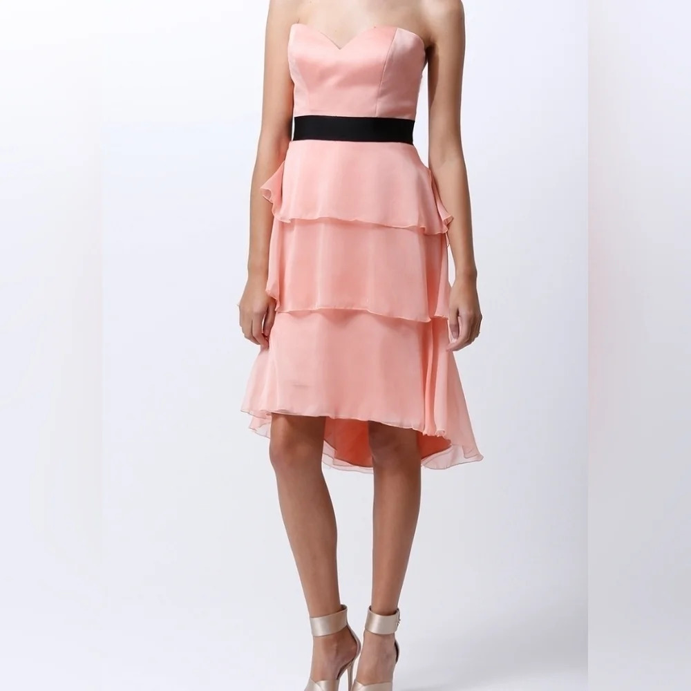 NWT Badgley Mischka Strapless Formal Gown in Melon, Ruffle Tiered Chiffon Sz 12